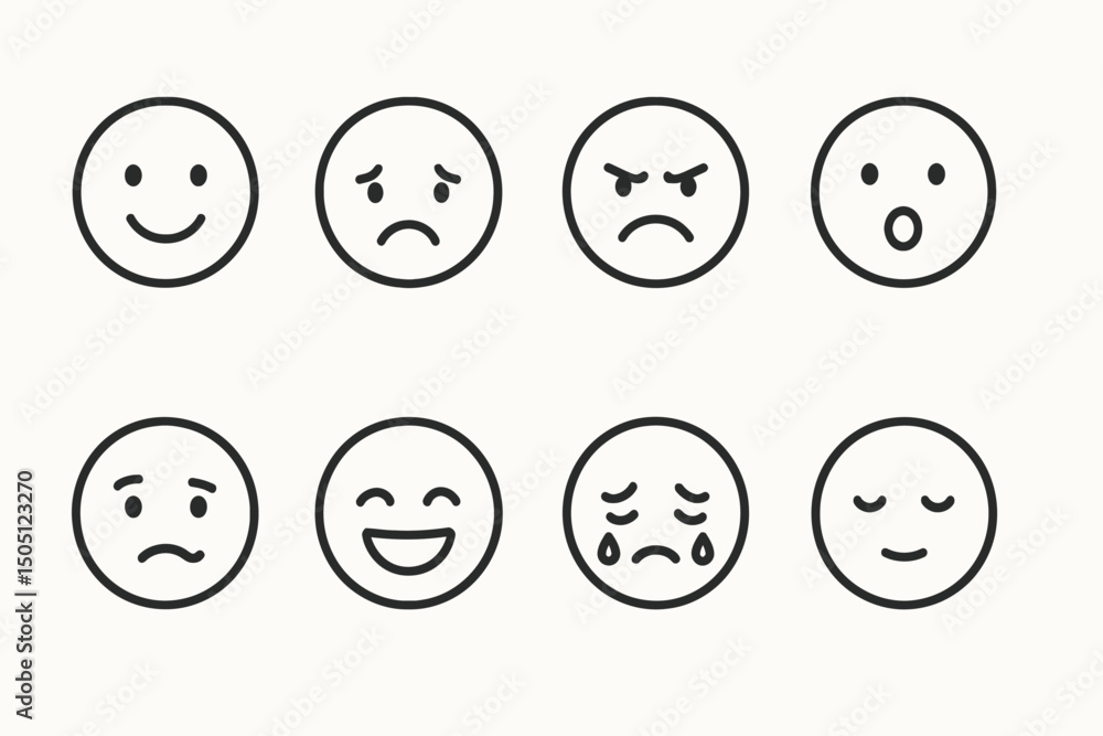 Fototapeta premium Simple black and white emoji faces expressing various emotions.