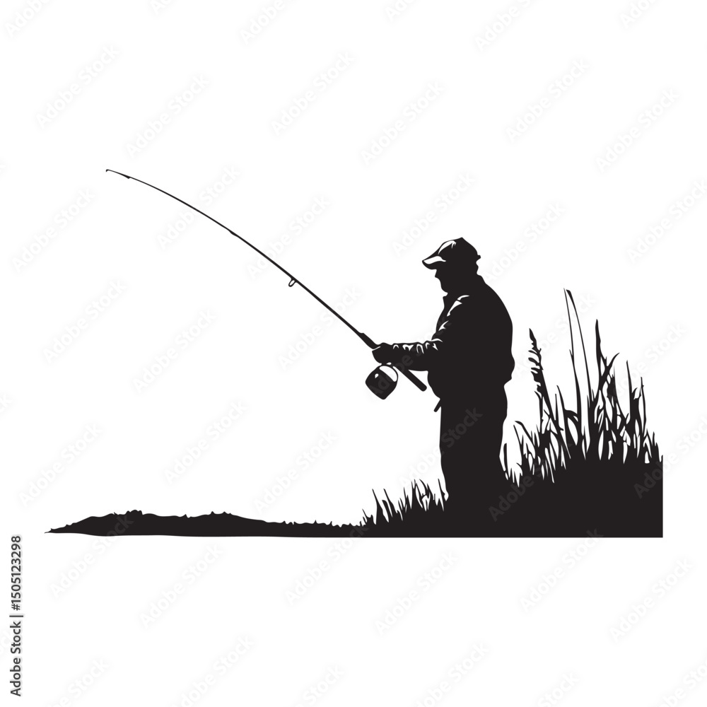 Obraz premium A man fishing in a lake black silhouette