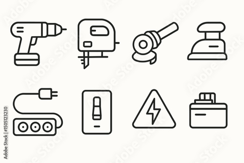 Set of eight line icons representing power tools and electrical equipment