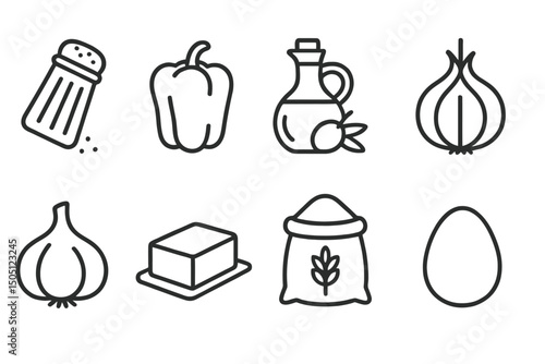 Set of food ingredient icons: pepper, oil, onion, garlic, butter, salt, egg, flour bag.