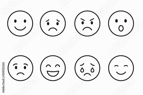 Set of simple facial expressions with emoticons depicting various emotions.