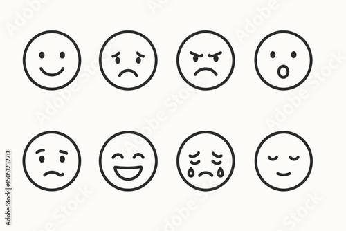 Simple black and white emoji faces expressing various emotions.