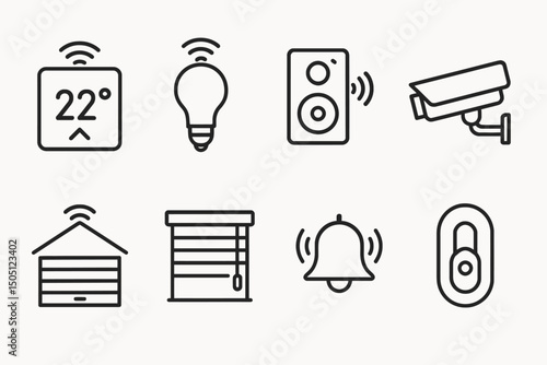 Smart home icon set featuring temperature, light, speaker, and security symbols with wireless elements.