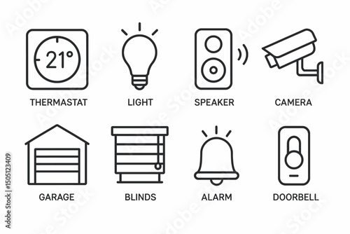 Smart home icon set: thermostat, light, speaker, camera, garage, blinds, alarm, doorbell.