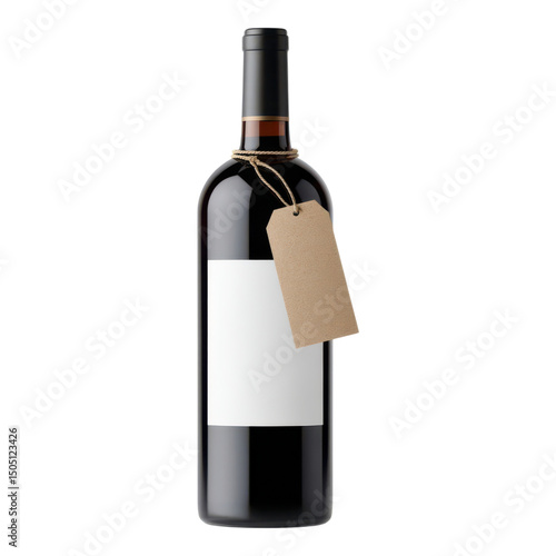 A wine bottle with a blank label and a brown tag tied around the neck.