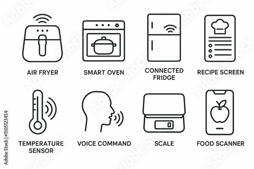 Smart kitchen appliances icons: air fryer, smart oven, connected fridge, recipe screen