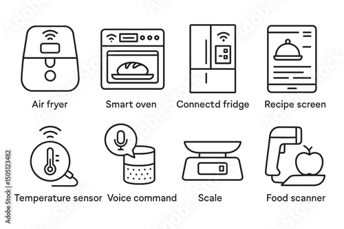 Smart kitchen appliances icons: air fryer, smart oven, connected fridge, recipe screen