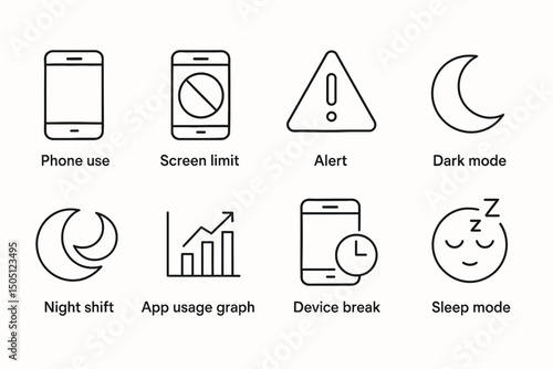 Smartphone user interface icons: alerts, usage, and modes
