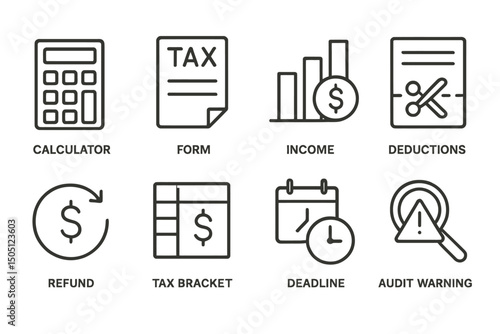 Tax calculation icons featuring calculator, refund, and audit warning signs