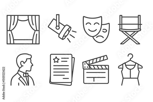 Theater icons: curtain, spotlight, masks, director's chair, actor, script, clapperboard, costume