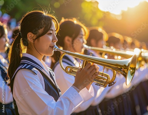 A female student in the brass band club plays the trumpet