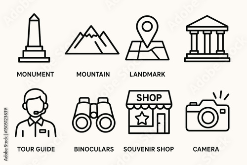 Tourist icons: monument, mountain, landmark, tour guide, souvenir shop, camera