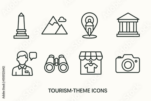 Tourism-themed icons: landmark, mountain, museum, and more