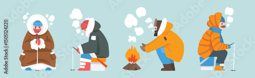 Man in Warm Coat Fishing in Winter at Frozen River Vector Set