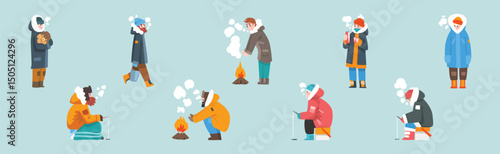 Man in Warm Coat Fishing in Winter at Frozen River Vector Set