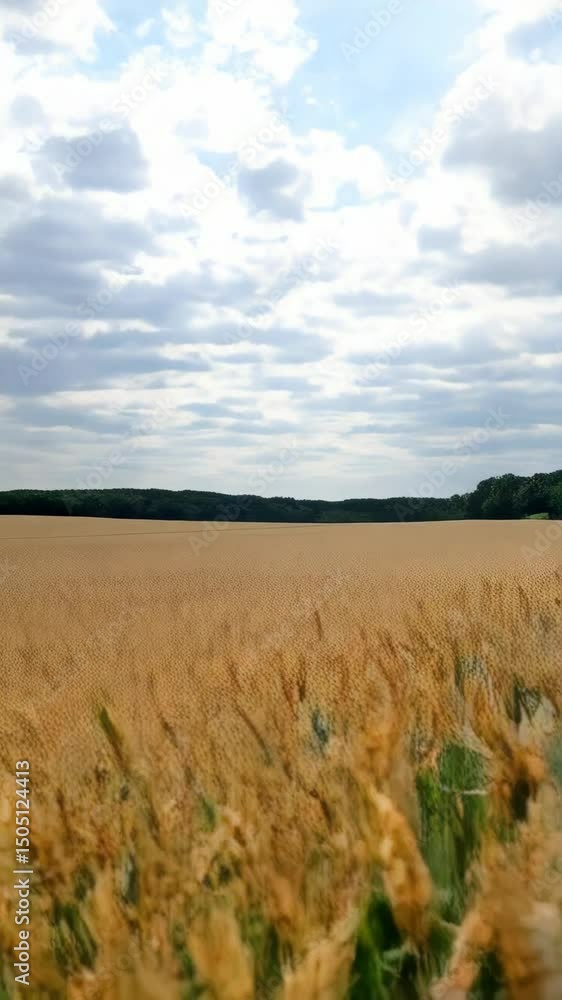 Golden wheat ears stand in a rural agricultural field, showing the grain harvest under an overcast sky and distant trees.