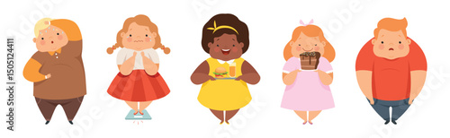 Overweight Boy and Girl Character Eating Fast Food Vector Set