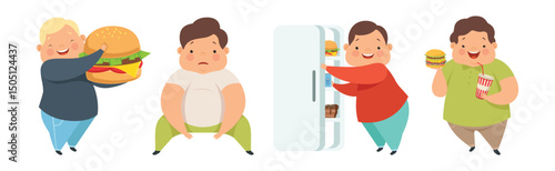 Overweight Boy Character Eating Fast Food Vector Set