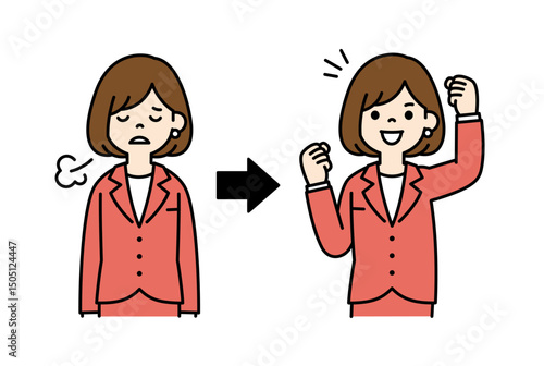 疲れていたが元気になった、女性会社員のベクターイラスト素材＿線幅の編集可能＿カラー