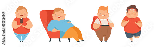 Overweight Boy Character Eating Fast Food Vector Set