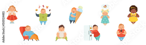 Overweight Boy and Girl Character Eating Fast Food Vector Set