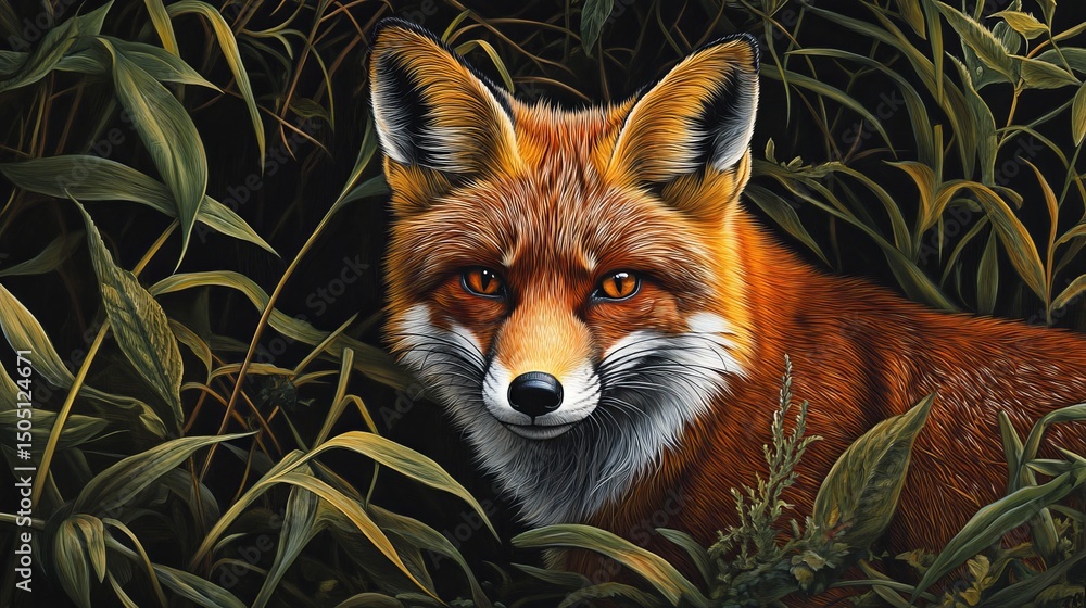 Fototapeta premium A close up of a red fox with amber eyes surrounded by green grass in a dark and moody setting