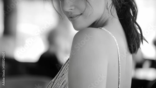 Close up of an attractive brunette woman looking over her shoulder with a serene and relaxed expression in black and white