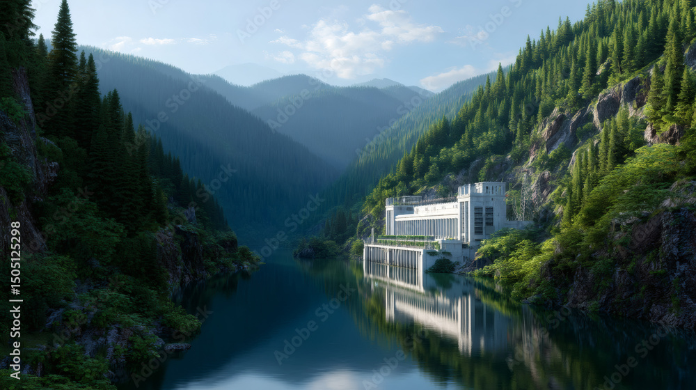 Fototapeta premium A hydroelectric dam nestled in a lush, pine-forested mountain valley reflected on a calm river under a clear sky.