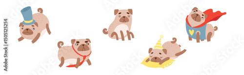 Funny Pug Dog Character Engaged in Different Activity Vector Set