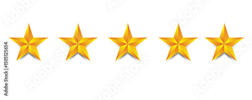 Five gold stars are evenly spaced in a horizontal line on a white background. 