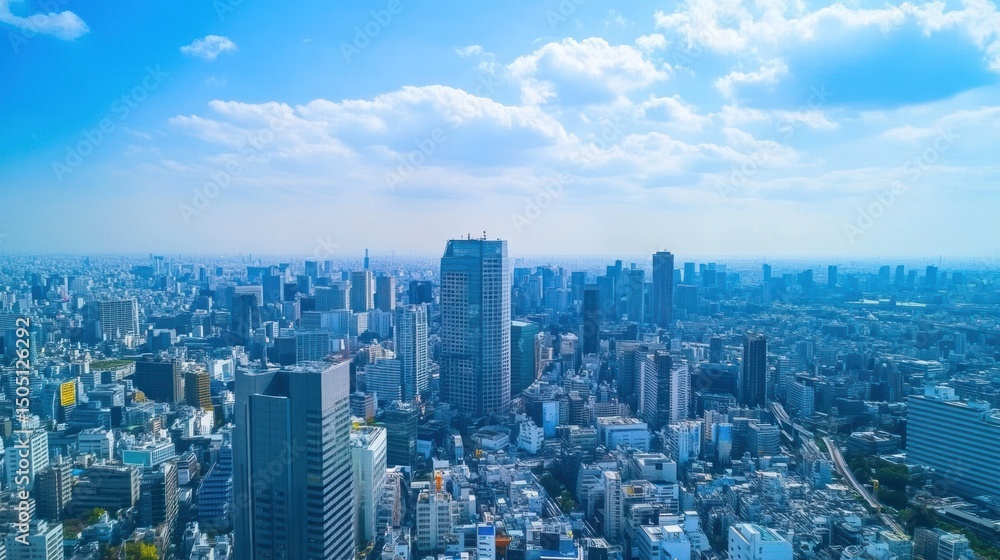 Fototapeta premium Spectacular Aerial View of Tokyo Skyline Under a Bright Cloudy Sky
