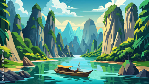 Scenic limestone cliffs of Khao Sok National Park rise over emerald water