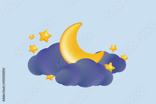 Crescent moon shining over clouds and stars in a clear sky