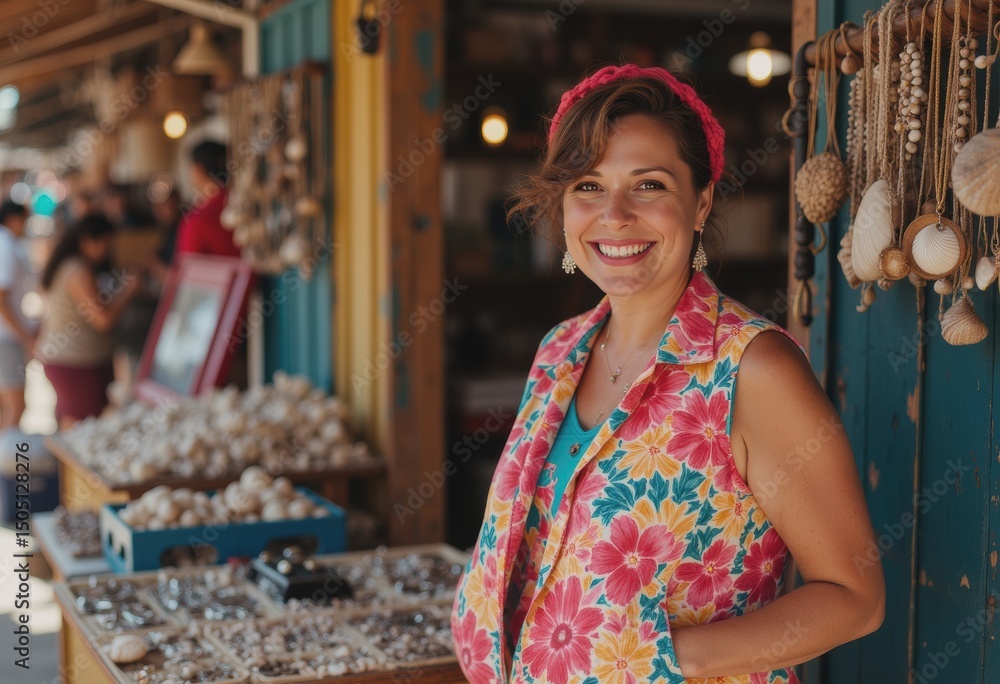 Obraz premium Seashell jewelry vendor smiling at her vibrant market stall