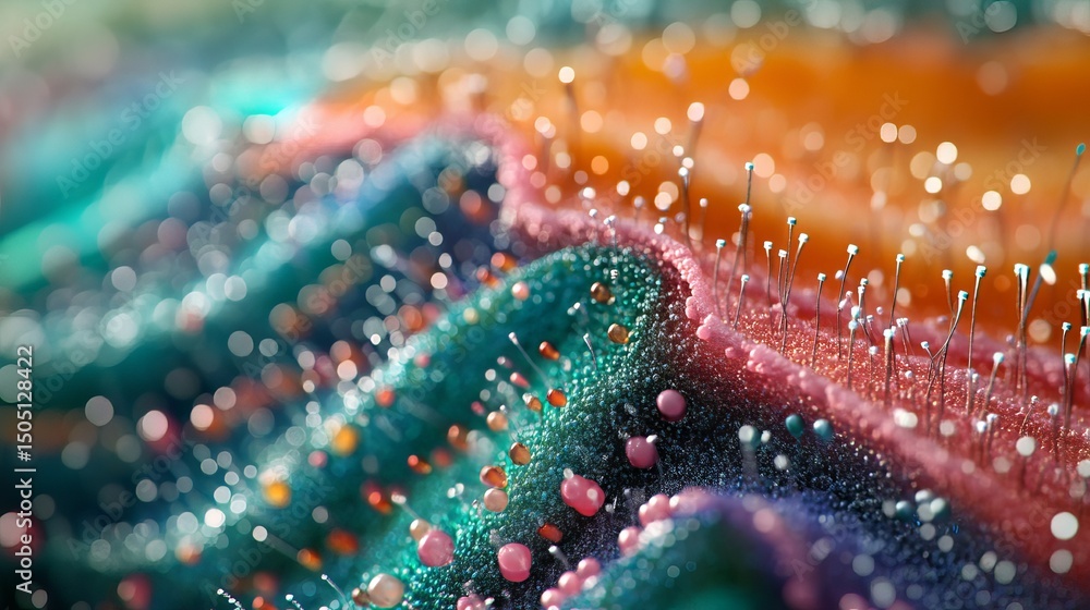 A close up of a colorful textured surface with small white filaments and bright bokeh lights around it A close up of a colorful textured surface with small white filaments and bright bokeh lights around it