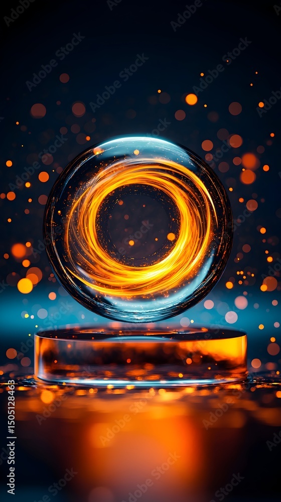 A luminous orange ring swirls within a transparent sphere atop a glass cylinder, all set against a dark blue background speckled with bokeh lights A luminous orange ring swirls within a transparent sphere atop a glass cylinder, all set against a dark blue background speckled with bokeh lights