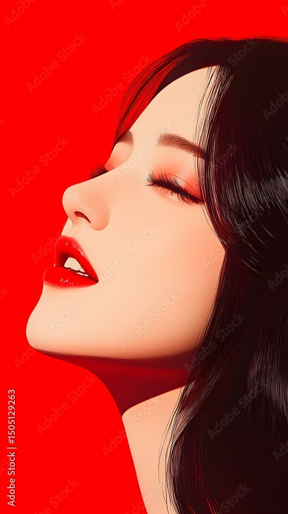 A stylized profile portrait of a woman with dark hair, closed eyes, and vibrant red lipstick against a bold red background. The lighting accentuates her features A stylized profile portrait of a woman with dark hair, closed eyes, and vibrant red lipstick against a bold red background. The lighting accentuates her features