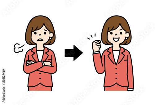 問題・失敗を解決する、女性会社員のベクターイラスト素材＿線幅の編集可能＿カラー