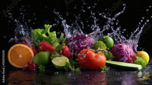 Fresh fruits and vegetables splashing in water, showcasing vibrant colors and freshness against a black background.