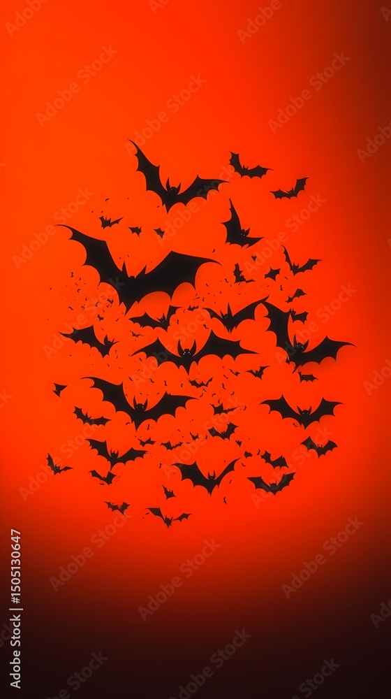 A swarm of black bat silhouettes against a vibrant orange-red backdrop. The bats vary slightly in size and orientation, creating a dynamic, spooky effect A swarm of black bat silhouettes against a vibrant orange-red backdrop. The bats vary slightly in size and orientation, creating a dynamic, spooky effect