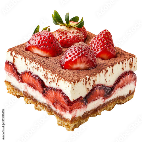 Delicious strawberry tiramisu dessert kitchen food photography minimalist setting close-up culinary art isolated on a white background