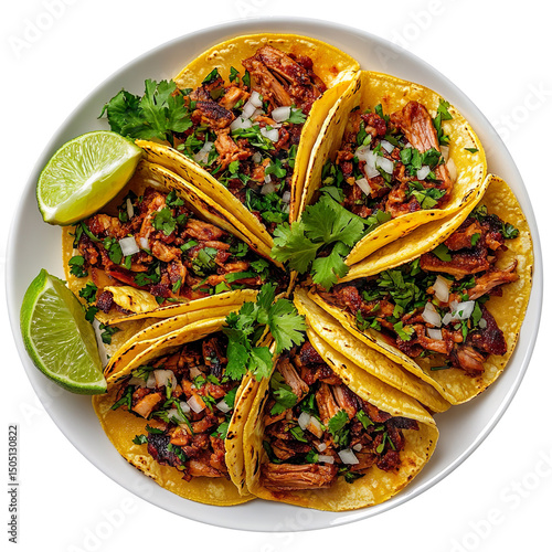 Delicious tacos al pastor served on a plate with lime and cilantro ready to enjoy, Top view delicious tacos al pastor food plate isolated on a white background.