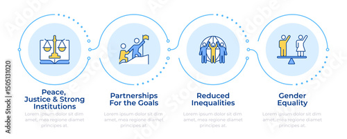 Equal society infographic 4 steps. Partnership and inequality progress. Political inclusion. Flow chart infochart. Editable vector info graphics icons. Montserrat-SemiBold, Regular fonts used