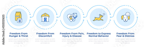 Animal welfare freedoms infographic 5 steps. Farming, healthcare. Vaccination, treatment. Flow chart infochart. Editable vector info graphics icons. Montserrat-SemiBold, Regular fonts used