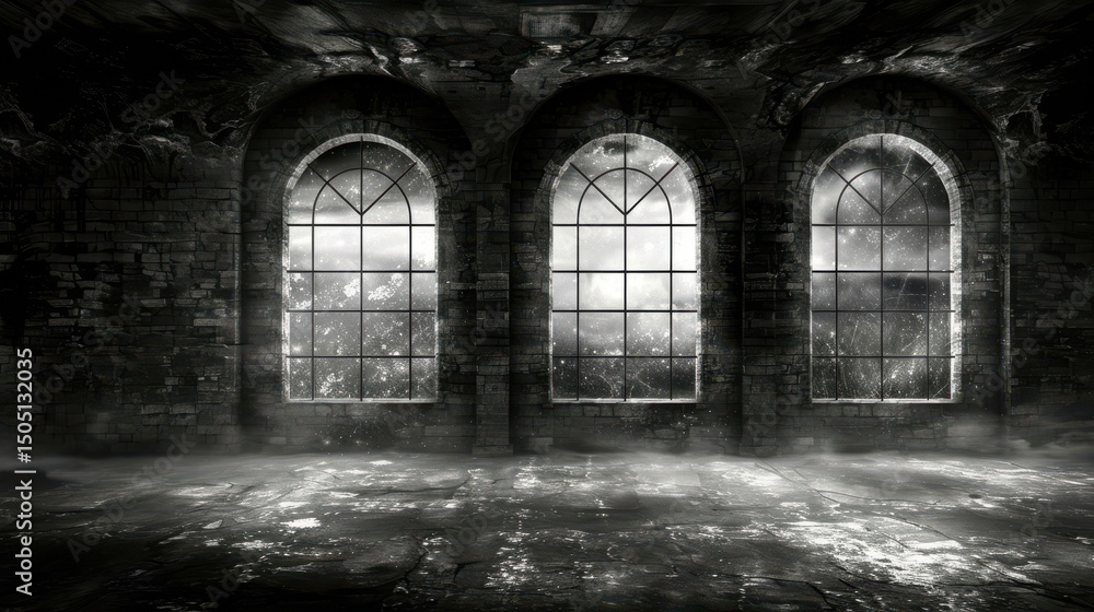 Atmospheric image of a derelict weathered interior space with arched and a worn grungy aesthetic Atmospheric image of a derelict weathered interior space with arched and a worn grungy aesthetic