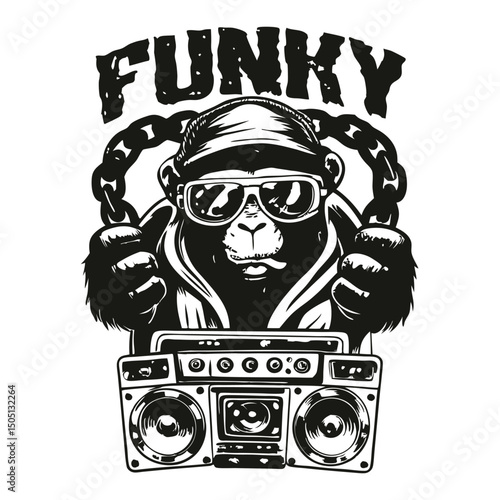 Design a fun chimpanzee with a hoodie and sunglasses, a gold chain, and a boombox, giving off a hip-hop vibe