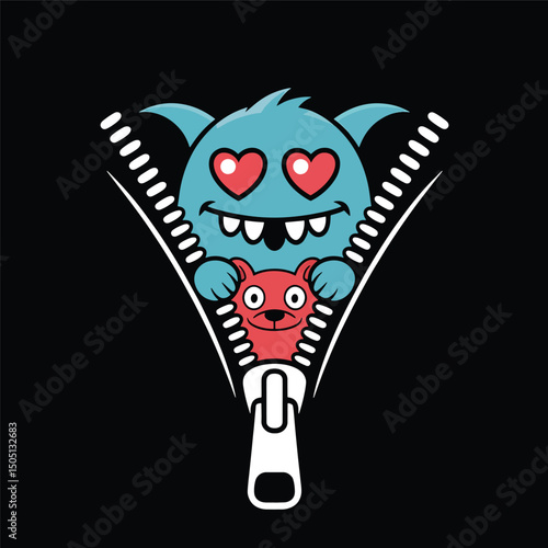 a monster peeking out from behind a zipper design art illustration premium quality