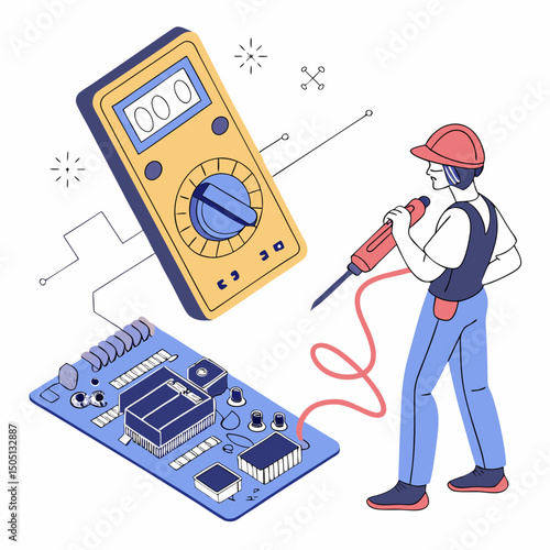 Vector illustration of technician using multimeter on a motherboard, isolated on transparent background