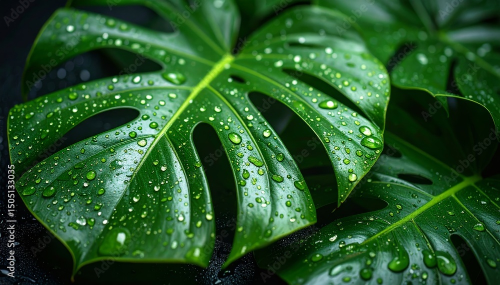 Fototapeta premium Green leaf texture with refreshing water drops
