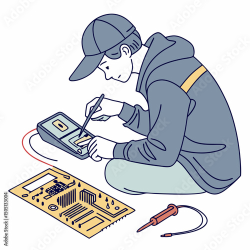 Vector illustration of technician using multimeter on a motherboard, isolated on transparent background